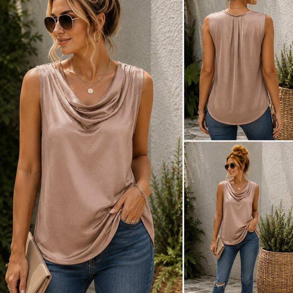 Elementz Blouse Womens M Beige Sleeveless Cowl Neck Satin Pullover Tank